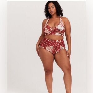 Torrid Floral Polka Dot Bikini Top ONLY Reversible Wireless Dusty Red NWT New 4X
